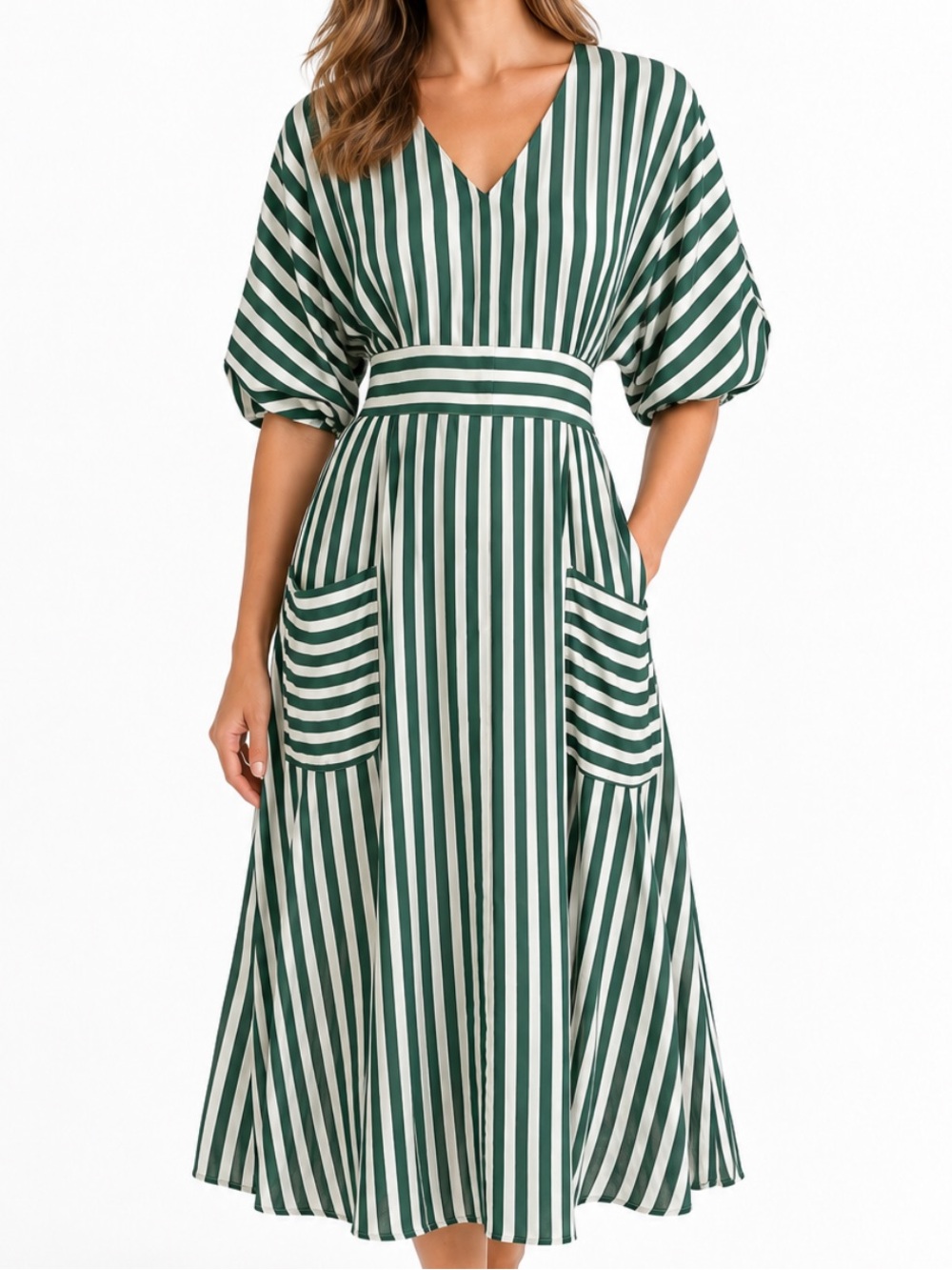 Philosophy Green/White Striped V-Neck A-Line Midi Dress 12